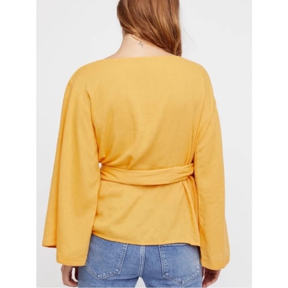 Free People Beyond The Beach Yellow Flare Sleeve V-Neck Wrap Top Size Small NWOT - Picture 2 of 11